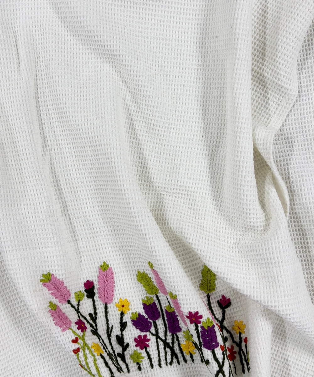 Embroidered Bath Towel | Soft Cotton Waffle | White