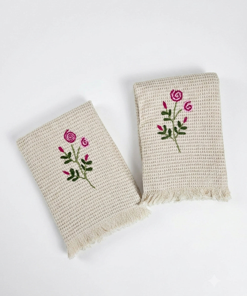 Embroidered Hand Towel - Set of 2 pcs in Soft Cotton Waffle | Beige Tulip
