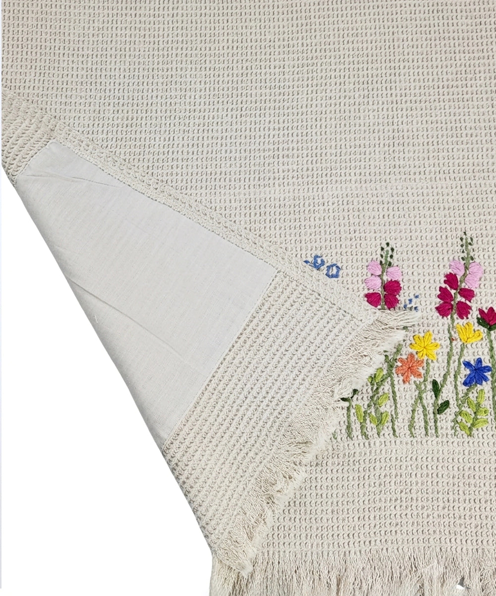 Embroidered Bath Towel | Soft Cotton Waffle | Beige Tulip