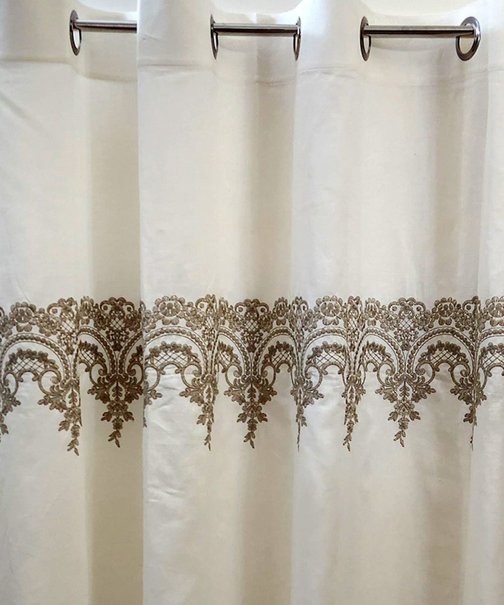 Off White Mughal Embroidered Cotton Linen Curtain 8.2 Feet Height