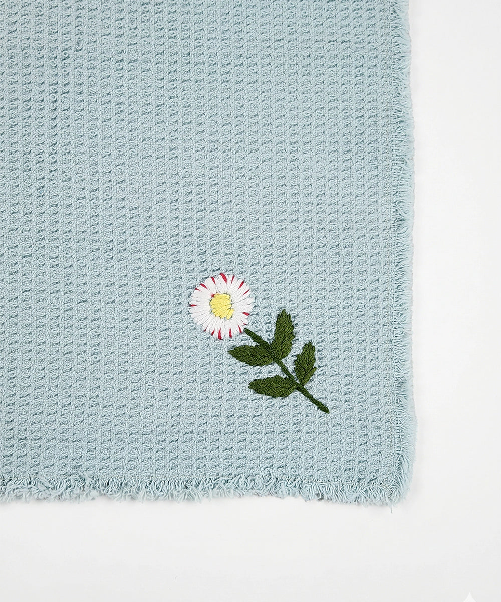 Embroidered Face Towel - Set of 4 pcs in Soft Cotton Waffle | Aquamarine Blue