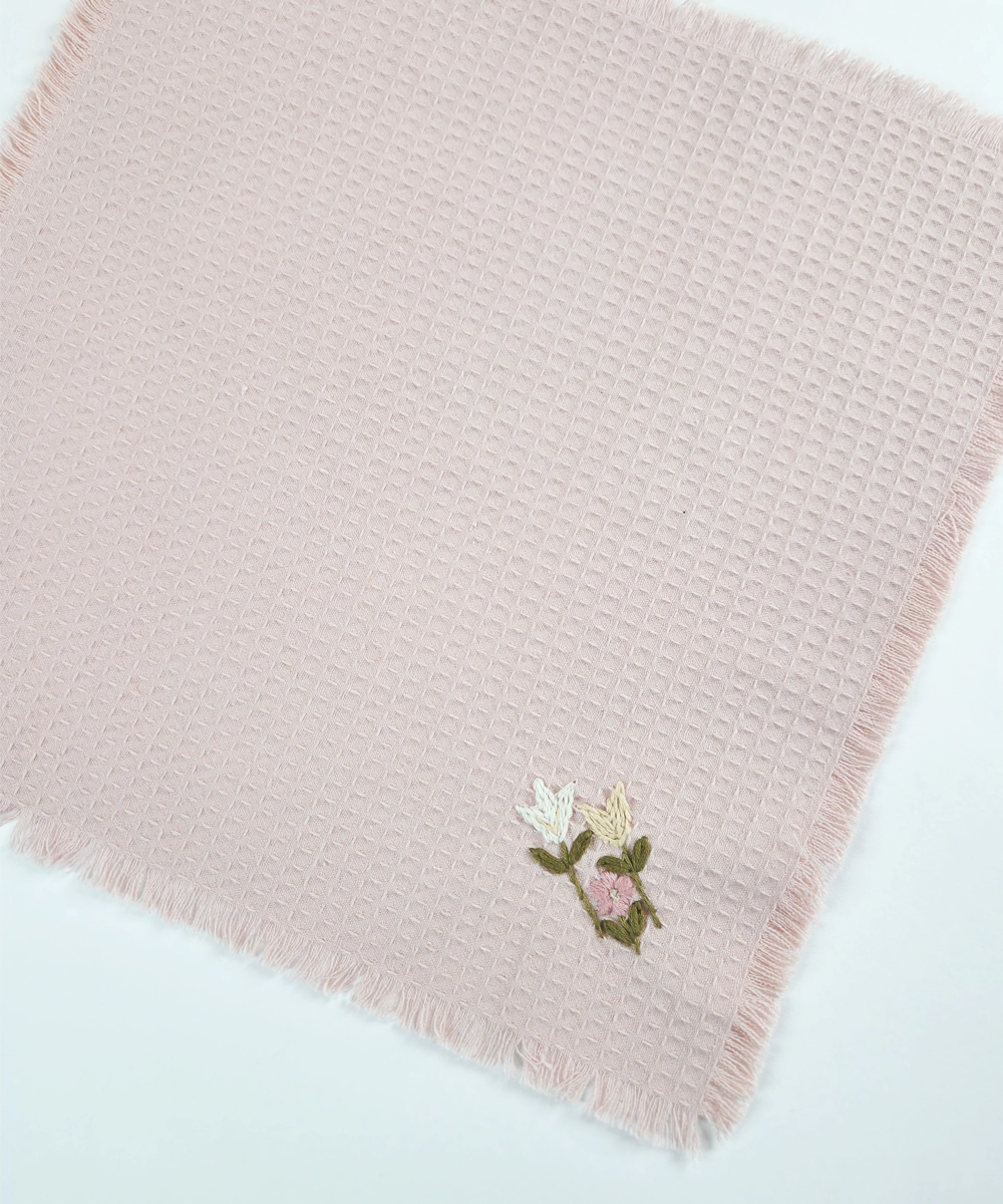 Embroidered Face Towel - Set of 4 pcs in Soft Cotton Waffle | Dusty Pink