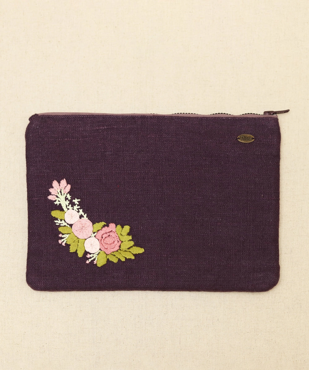 Deep Purple hand embroidered  Pure Linen Utility Pouch with Lining & Zip