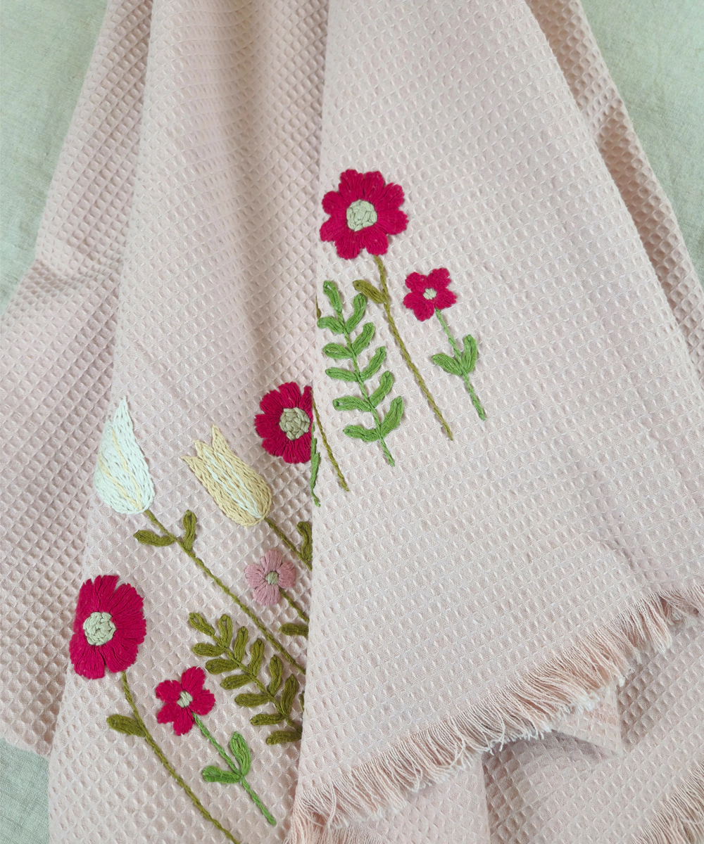 Embroidered Bath Towel | Soft Cotton Waffle | Dusty Pink