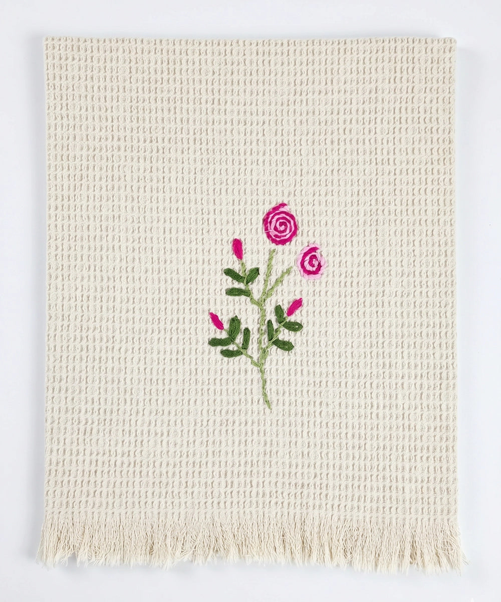 Embroidered Hand Towel - Set of 2 pcs in Soft Cotton Waffle | Beige Tulip