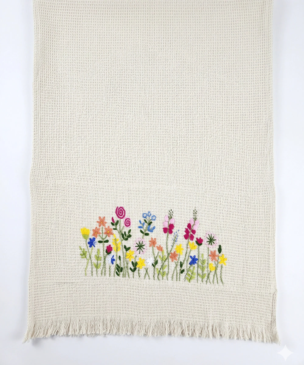 Embroidered Bath Towel | Soft Cotton Waffle | Beige Tulip