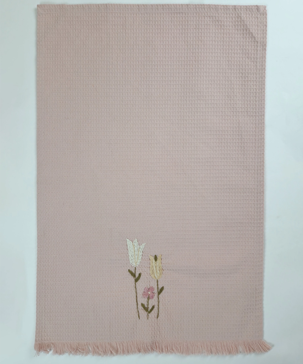 Embroidered Hand Towel - Set of 2 pcs in Soft Cotton Waffle | Dusty Pink