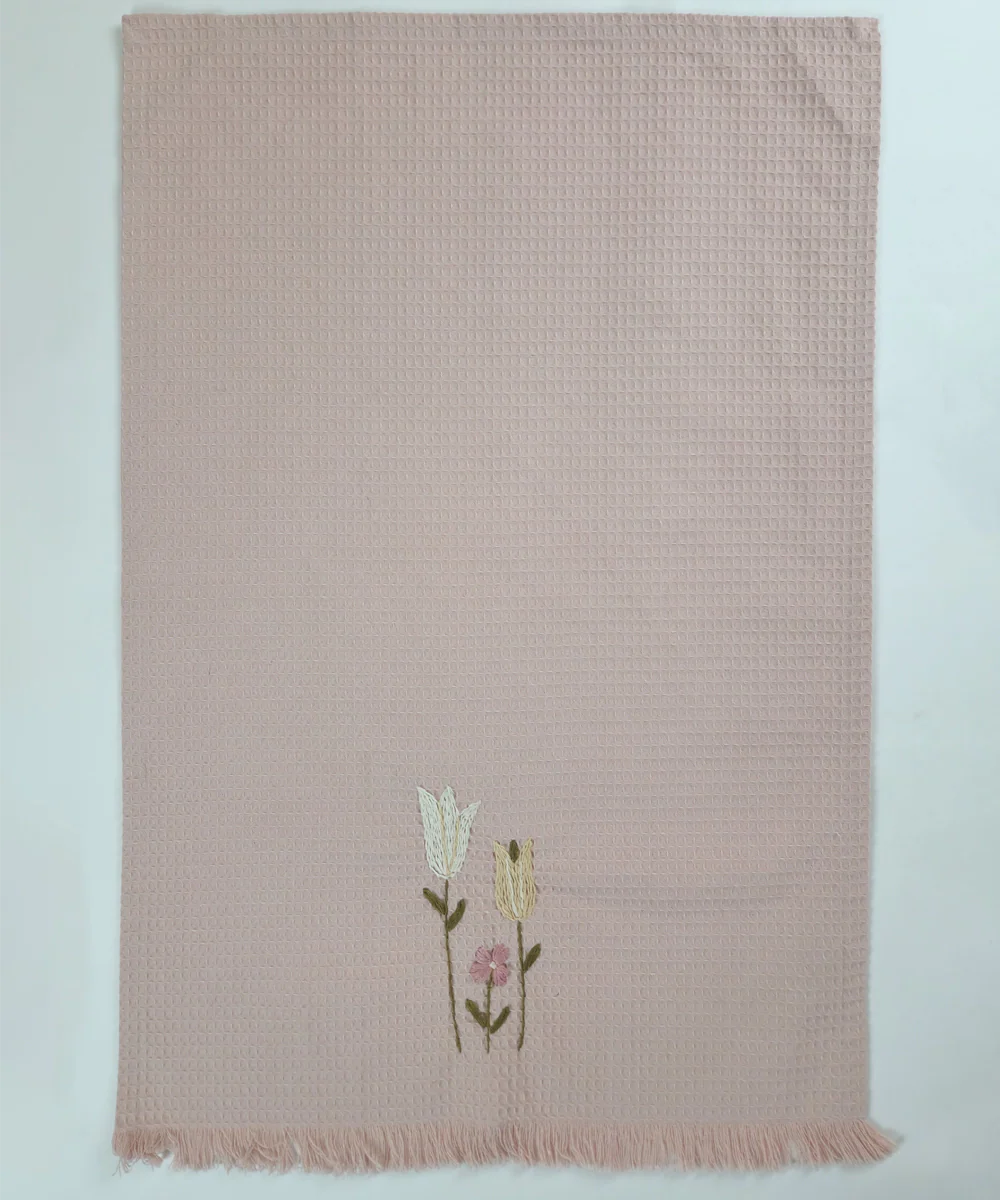 Embroidered 4 pcs Face and 2 pcs Hand Towel Set | Cotton Waffle | Dusty Pink