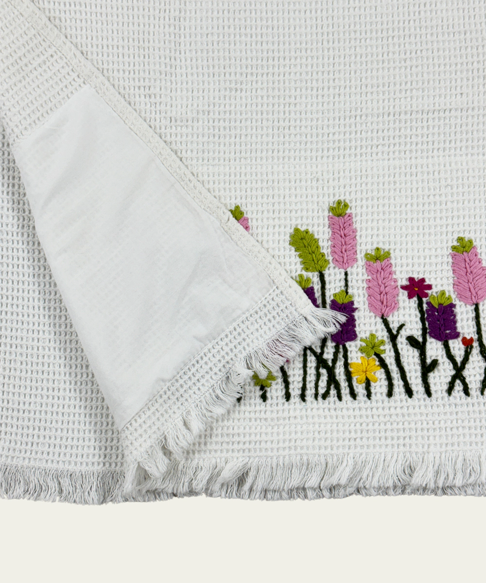Embroidered Bath Towel | Soft Cotton Waffle | White