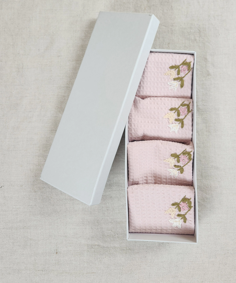 Embroidered Face Towel - Set of 4 pcs in Soft Cotton Waffle | Dusty Pink