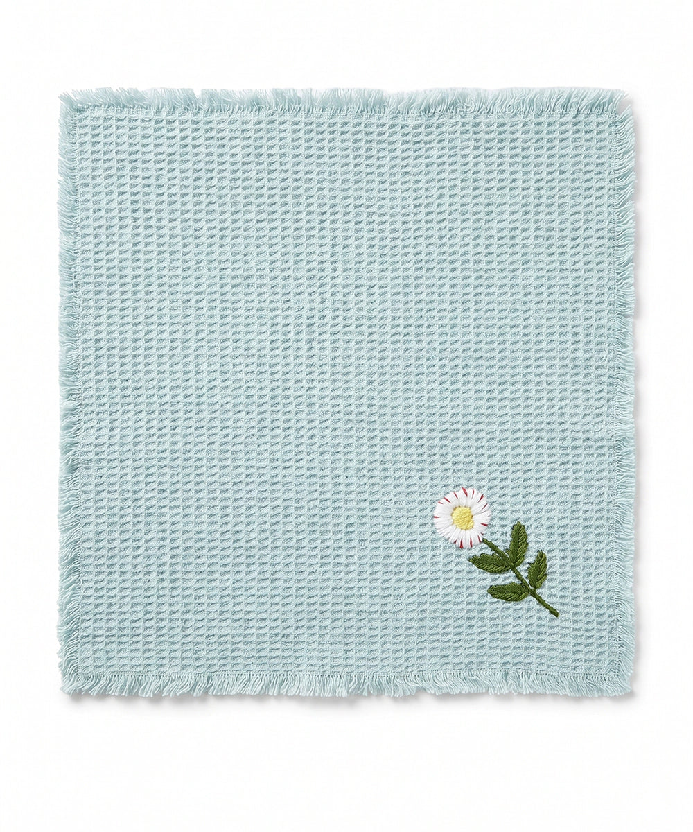 Embroidered Face Towel - Set of 4 pcs in Soft Cotton Waffle | Aquamarine Blue