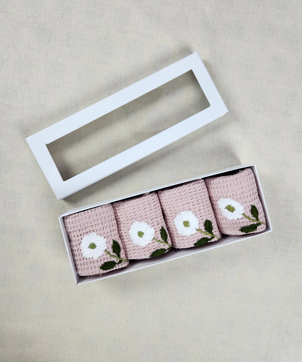 Embroidered Face Towel - Set of 4 pcs in Soft Cotton Waffle | Dusty Pink