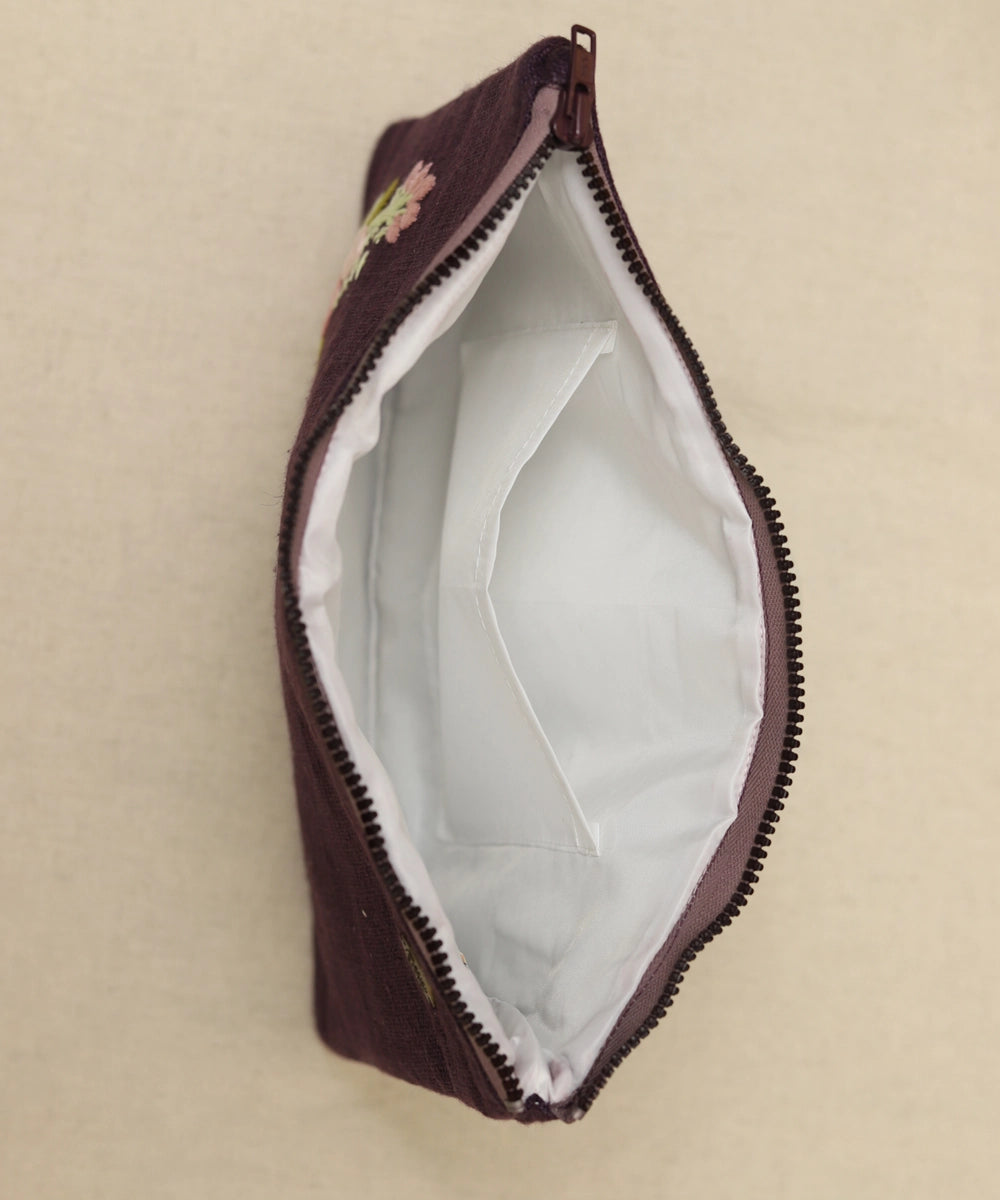 Deep Purple hand embroidered  Pure Linen Utility Pouch with Lining & Zip
