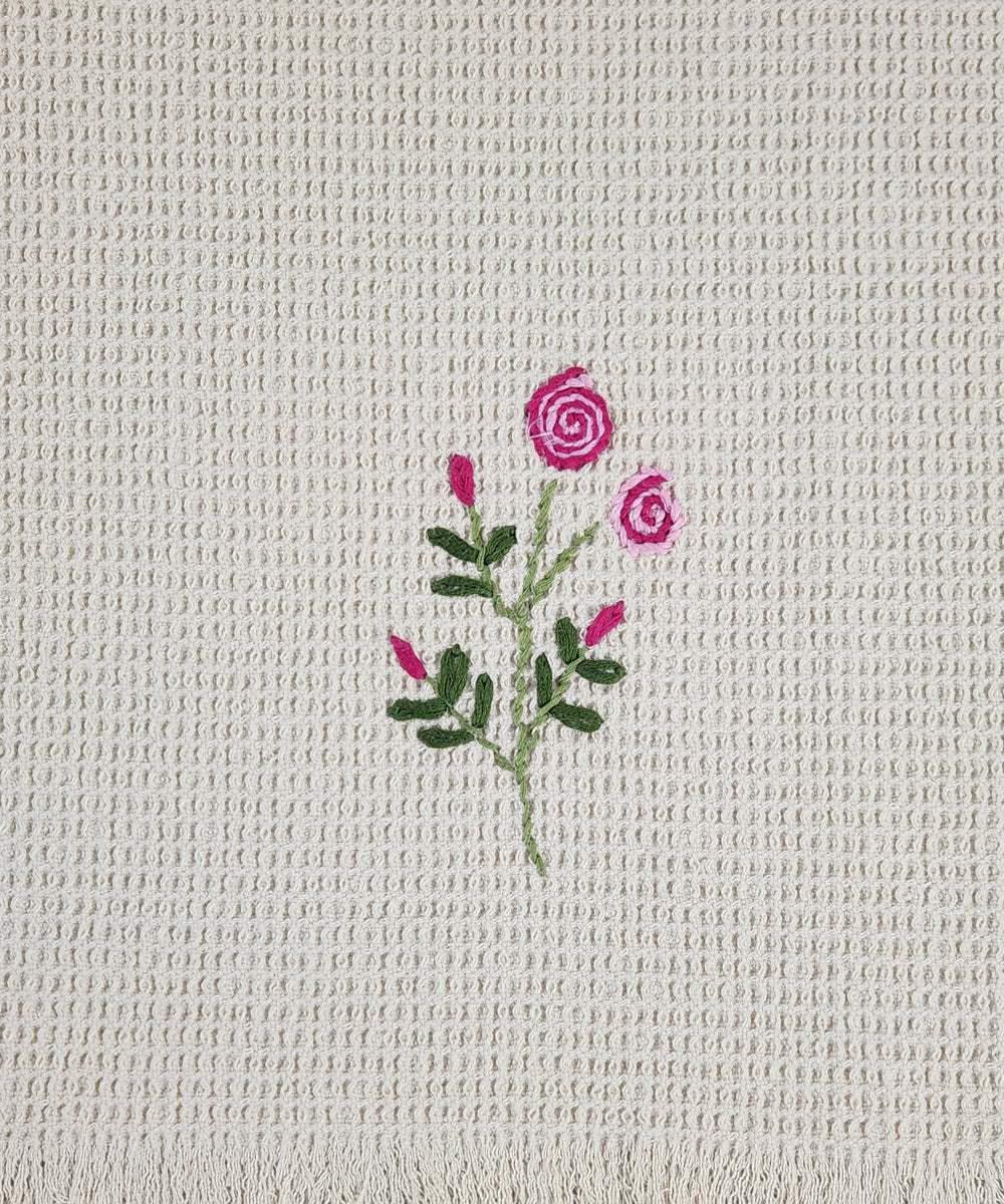 Embroidered 1 Pc Bath and 2 Pcs Hand Towel Set | Cotton Waffle Fabric | Beige Tulip