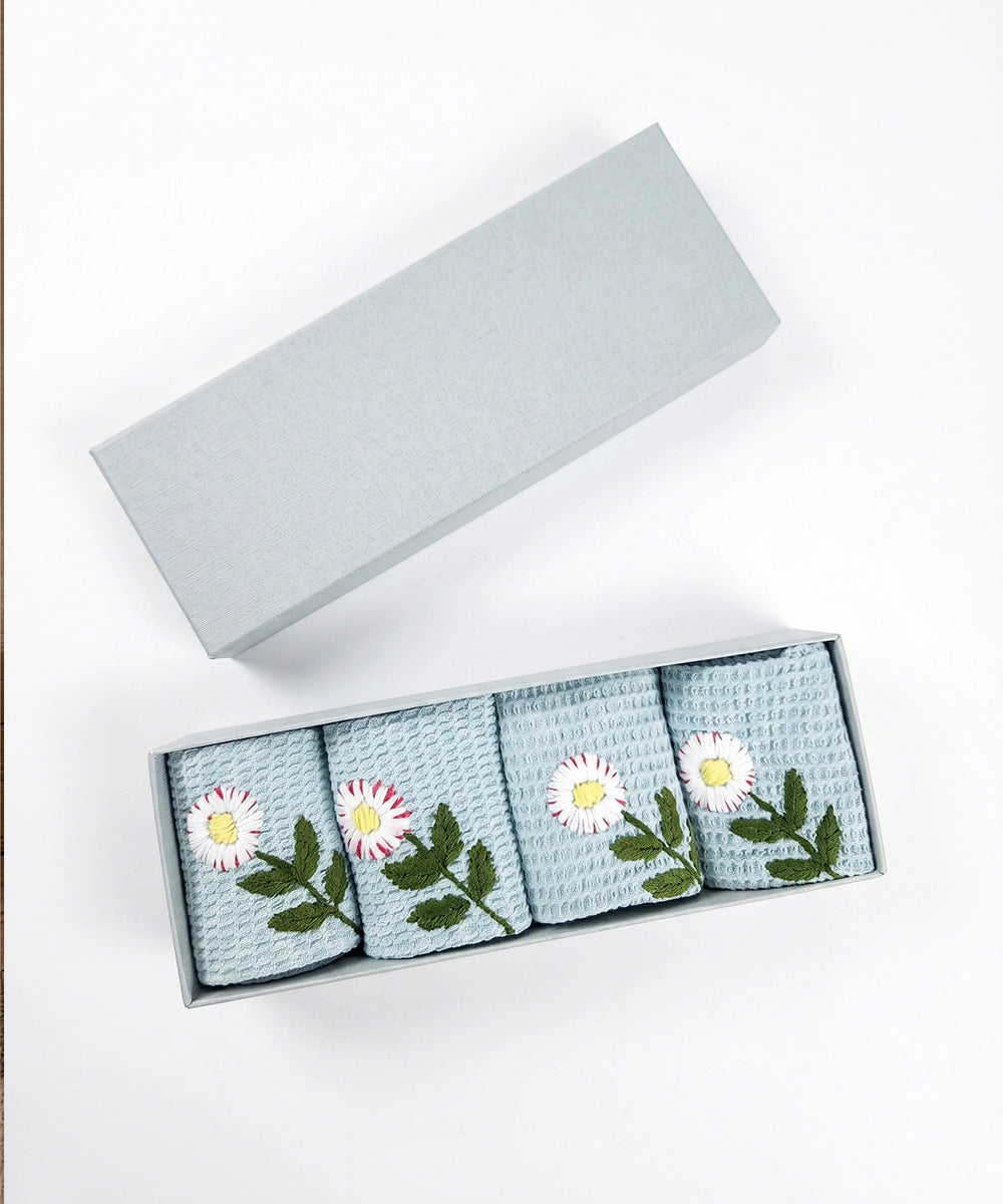 Embroidered Face Towel - Set of 4 pcs in Soft Cotton Waffle | Aquamarine Blue