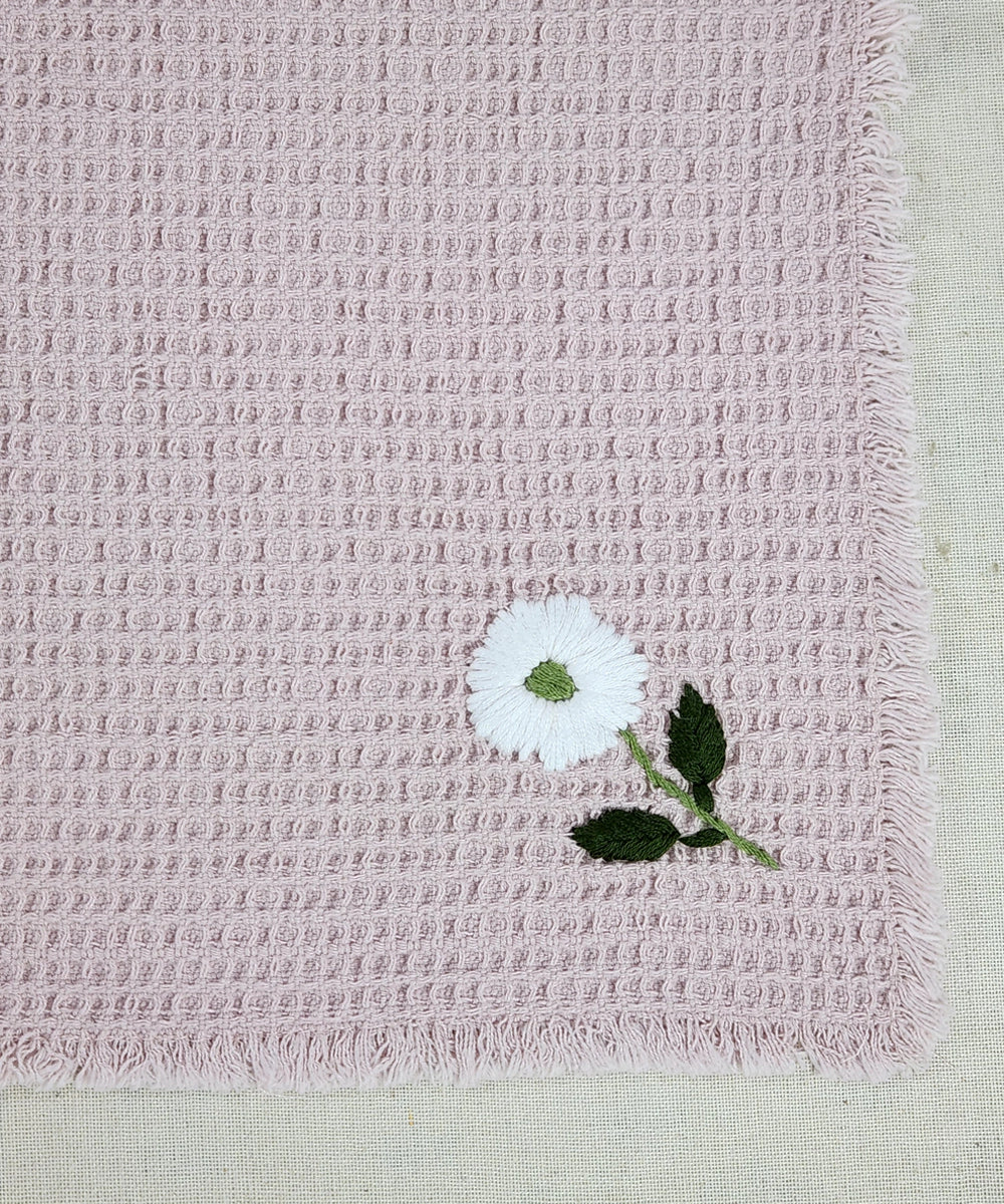 Embroidered Face Towel - Set of 4 pcs in Soft Cotton Waffle | Dusty Pink