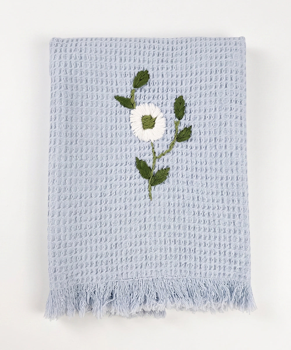 Embroidered Hand Towel - Set of 2 pcs in Soft Cotton Waffle | Light Blue
