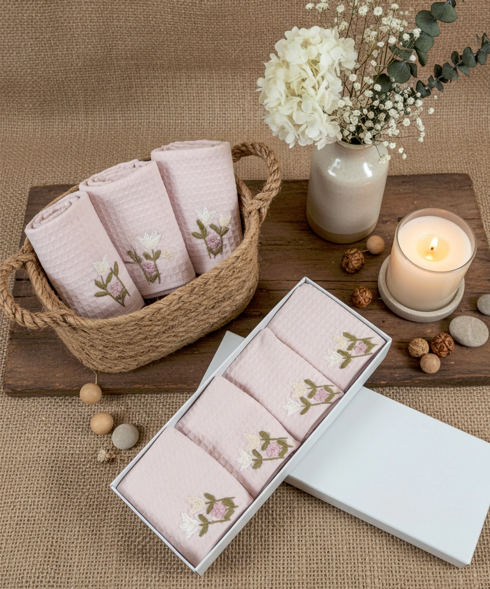 Embroidered Face Towel - Set of 4 pcs in Soft Cotton Waffle | Dusty Pink