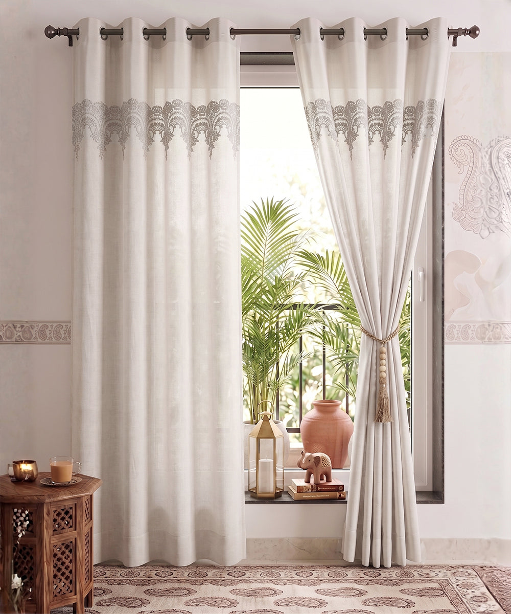 Off White Mughal Embroidered Cotton Linen Curtain 8.2 Feet Height