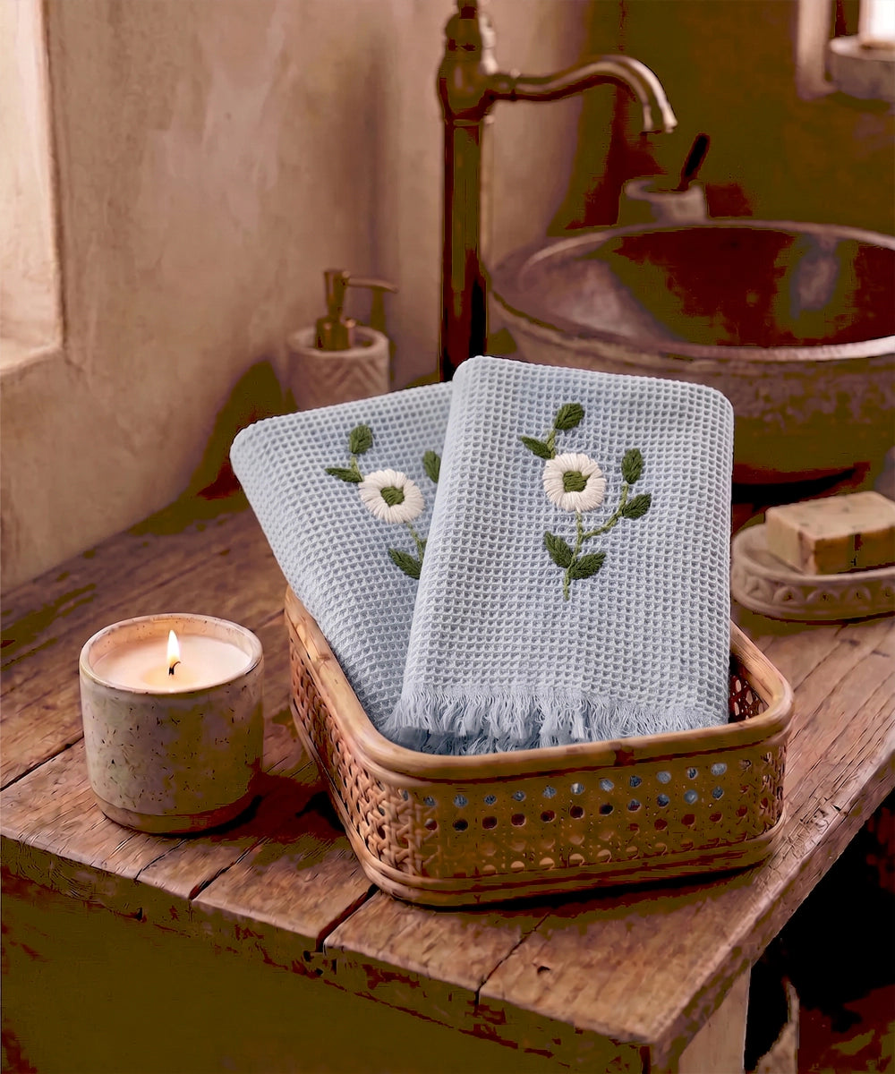 Embroidered Hand Towel - Set of 2 pcs in Soft Cotton Waffle | Light Blue