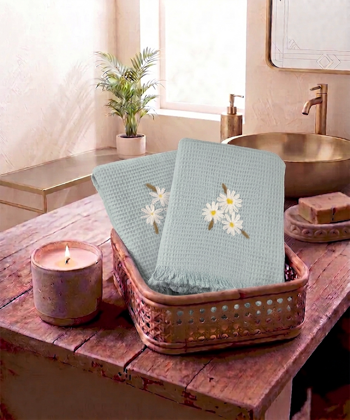 Embroidered Hand Towel - Set of 2 pcs in Soft Cotton Waffle | Light Blue