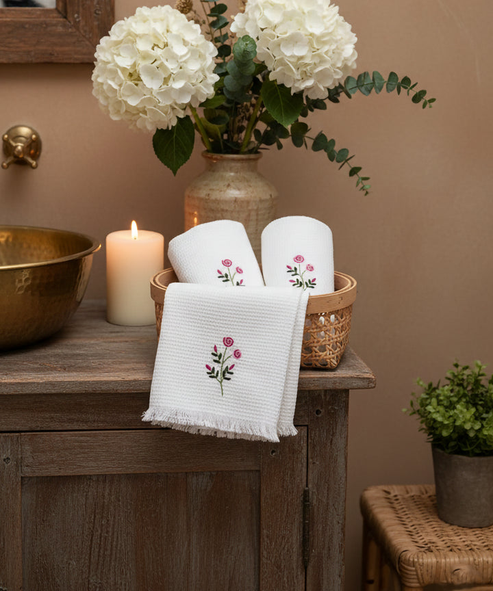 Embroidered Hand Towel - Set of 2 pcs in Soft Cotton Waffle | White