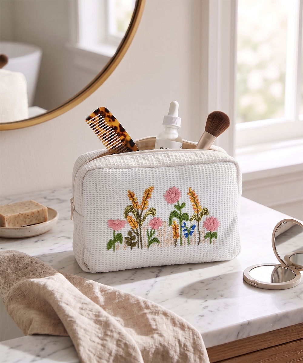 Off White Whitefield Bloom Hand Embroidered Cotton Waffle Pouch