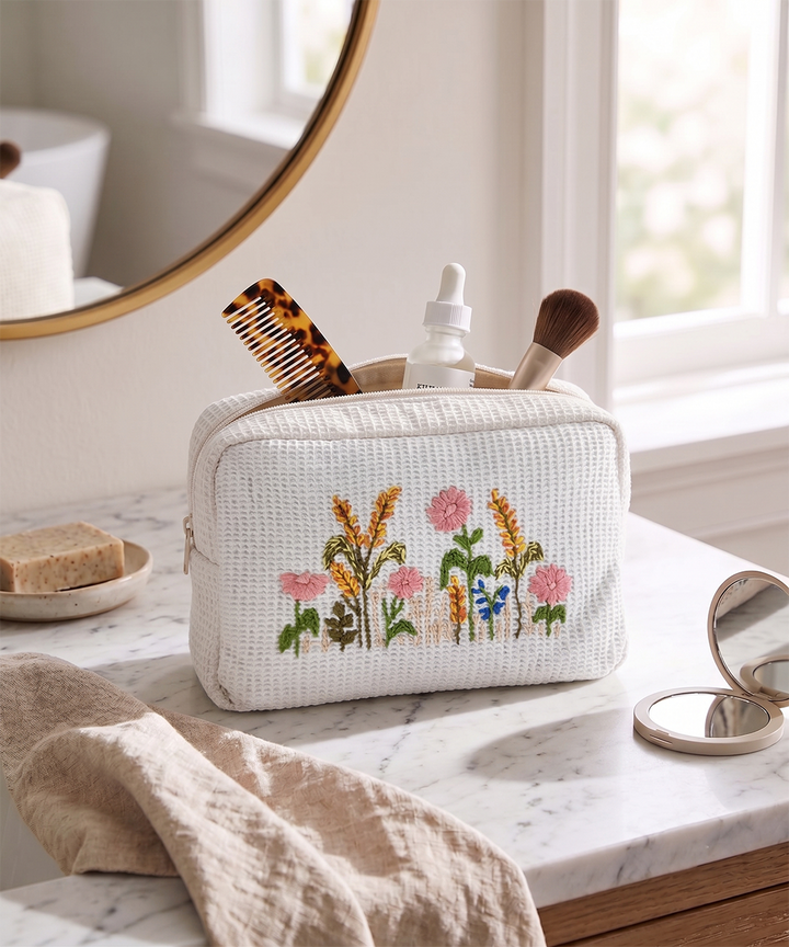 Off White Whitefield Bloom Hand Embroidered Cotton Waffle Pouch