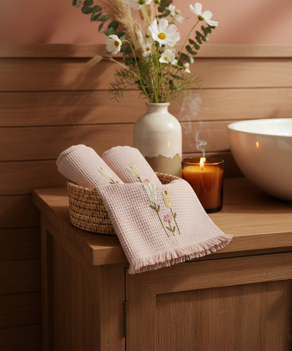 Embroidered Hand Towel - Set of 2 pcs in Soft Cotton Waffle | Dusty Pink
