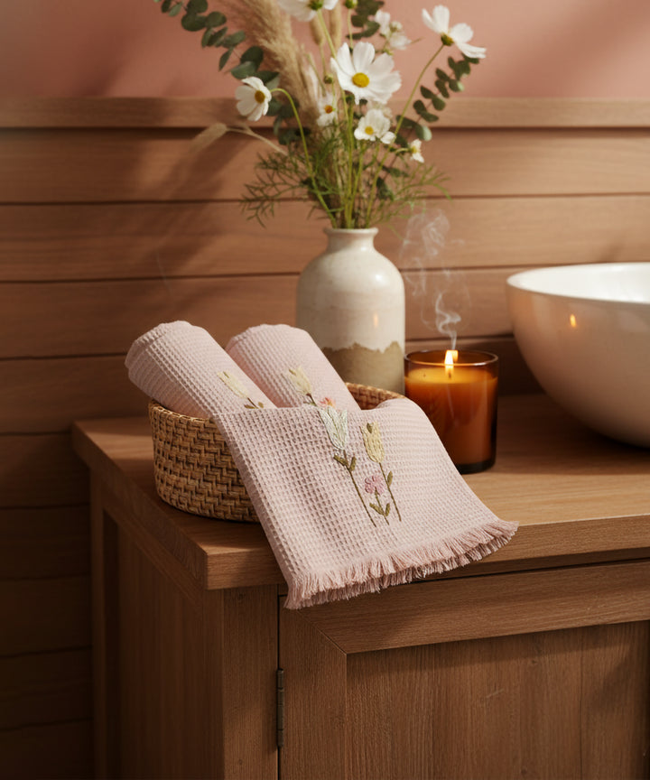 Embroidered Hand Towel - Set of 2 pcs in Soft Cotton Waffle | Dusty Pink