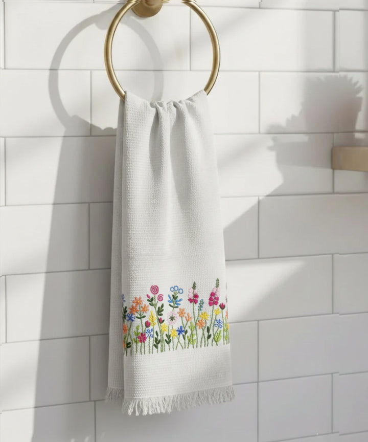 Embroidered Bath Towel | Soft Cotton Waffle | White