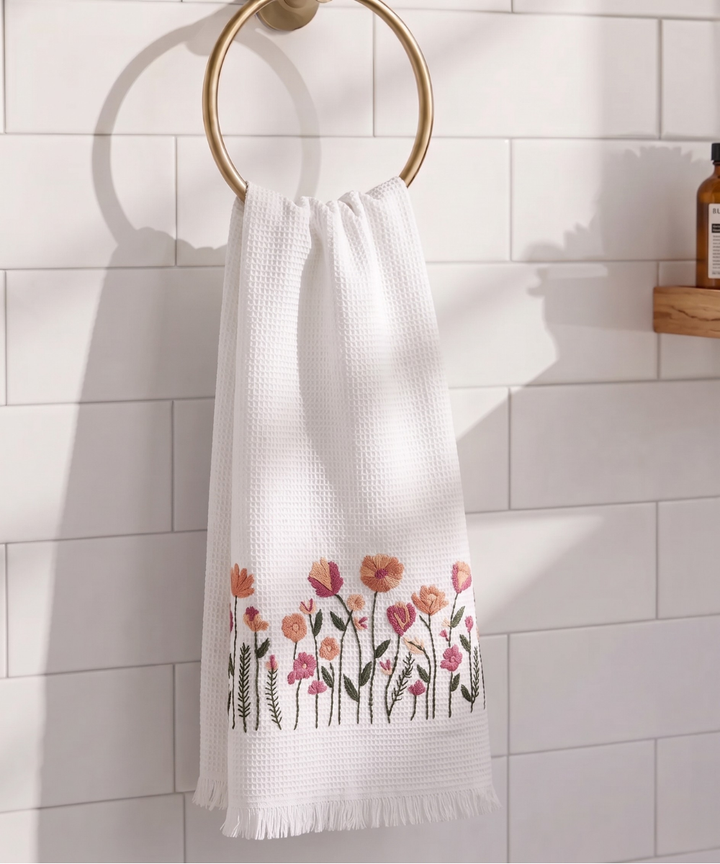 Embroidered Bath Towel | Soft Cotton Waffle | White