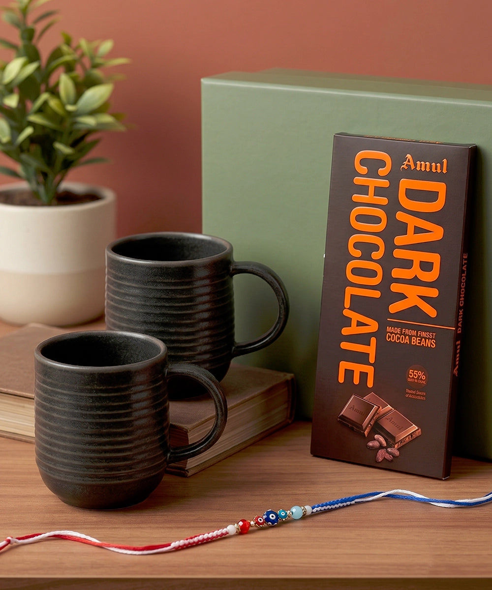 2 pcs Charcoal Ring Ceramic Coffee Mug with Rakhi & Chocolate