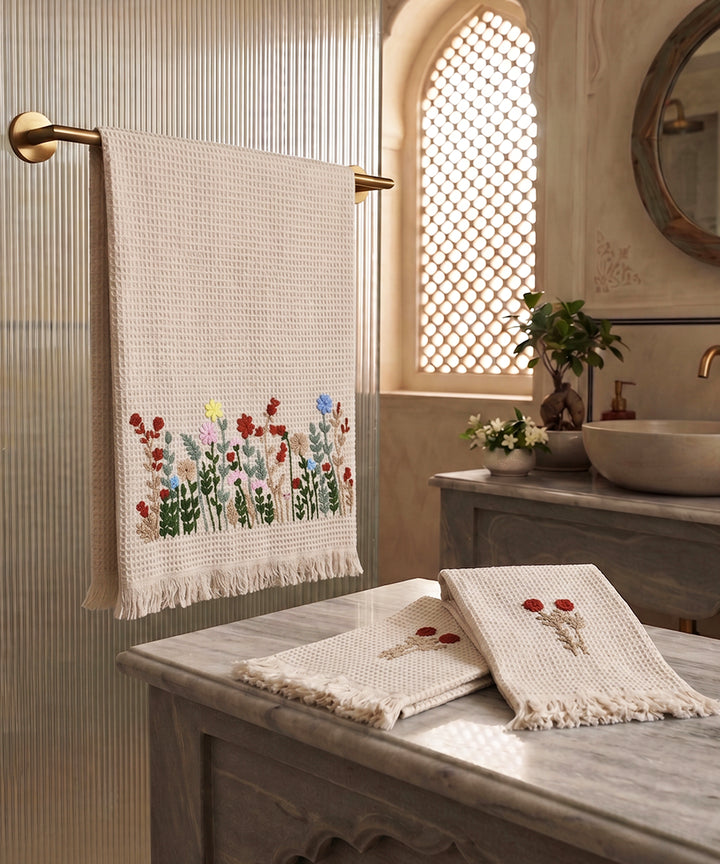 Embroidered 1 Pc Bath and 2 Pcs Hand Towel Set | Cotton Waffle Fabric | Beige