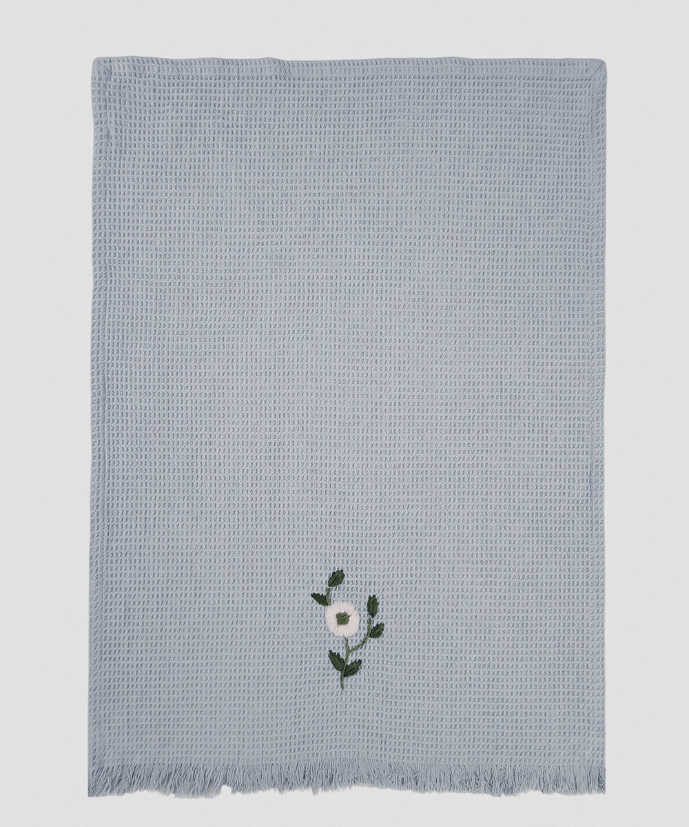 Embroidered Hand Towel - Set of 2 pcs in Soft Cotton Waffle | Light Blue