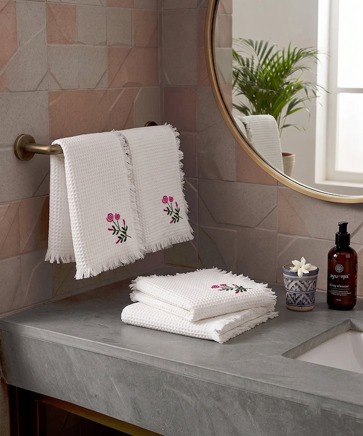 Embroidered Face Towel - Set of 4 pcs in Soft Cotton Waffle | White Tulip