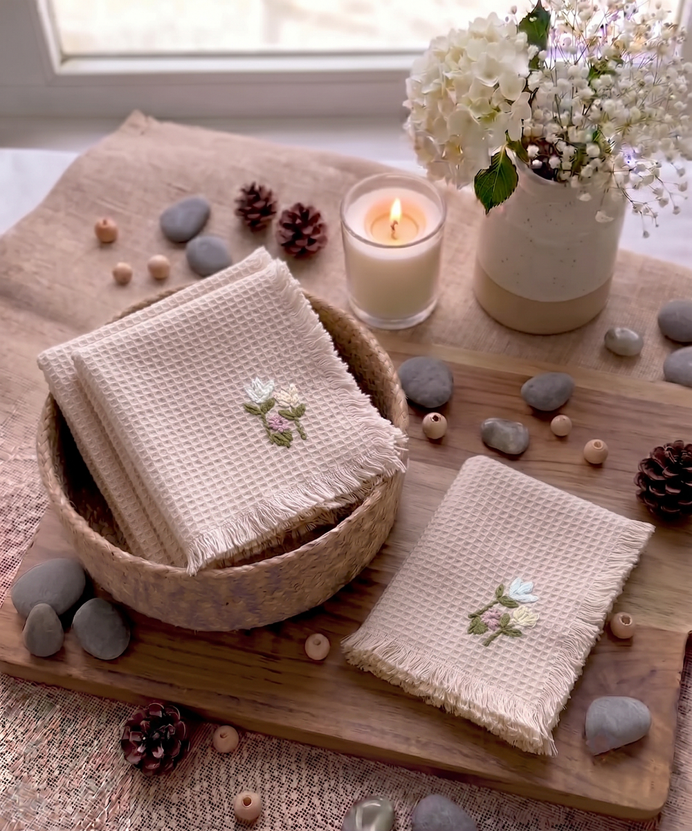 Embroidered Face Towel - Set of 4 pcs in Soft Cotton Waffle | Dusky Pink