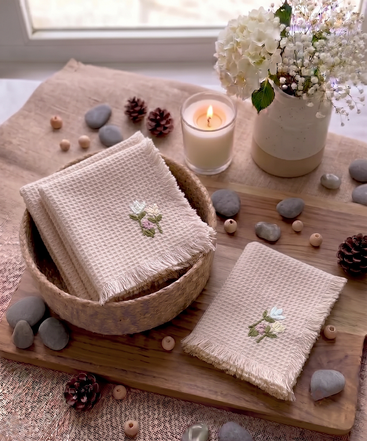 Embroidered Face Towel - Set of 4 pcs in Soft Cotton Waffle | Dusky Pink