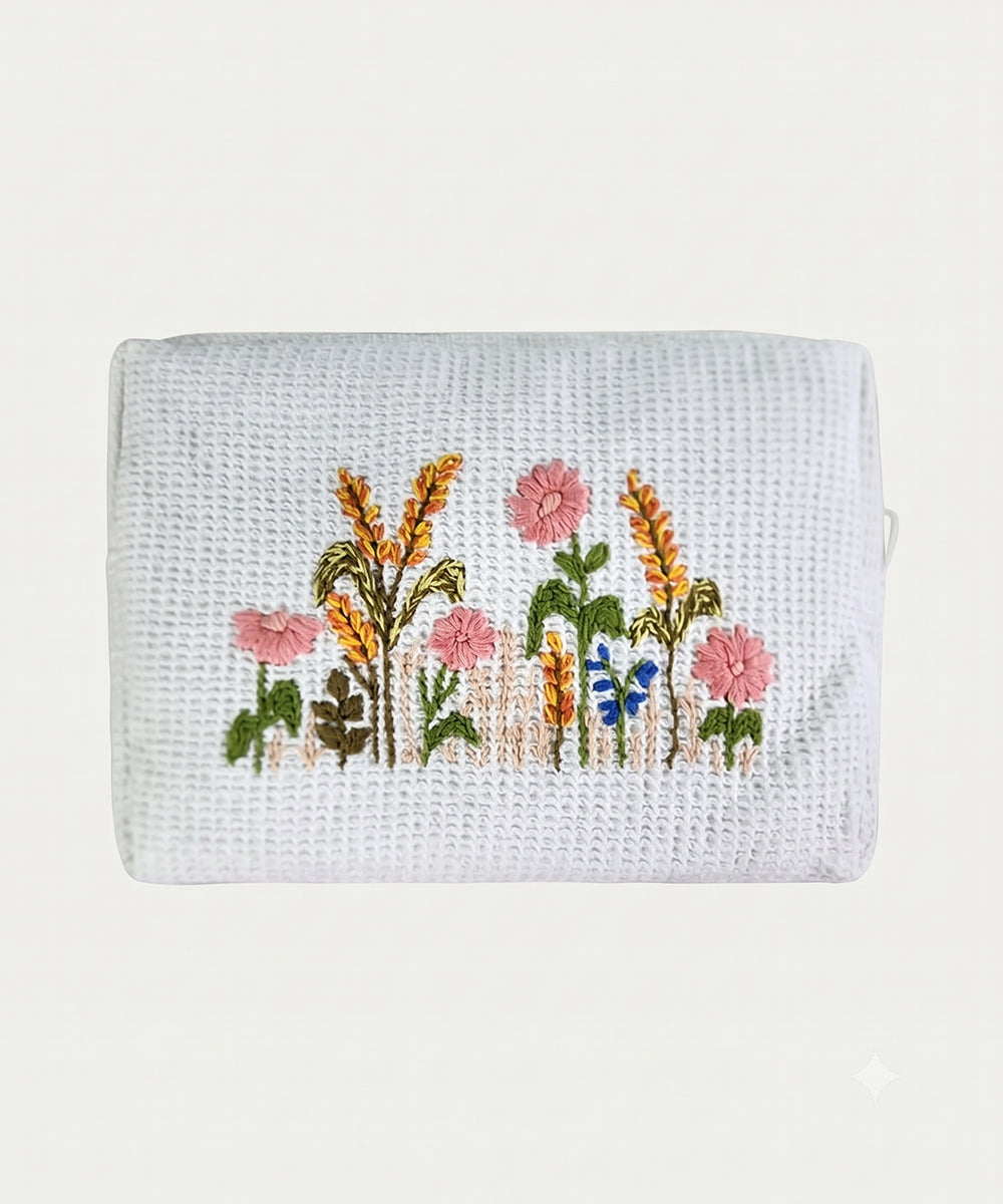 Off White Whitefield Bloom Hand Embroidered Cotton Waffle Pouch