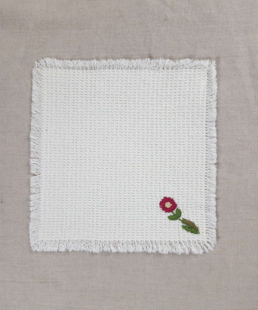 Embroidered Face Towel - Set of 4 pcs in Soft Cotton Waffle | White with Maroon