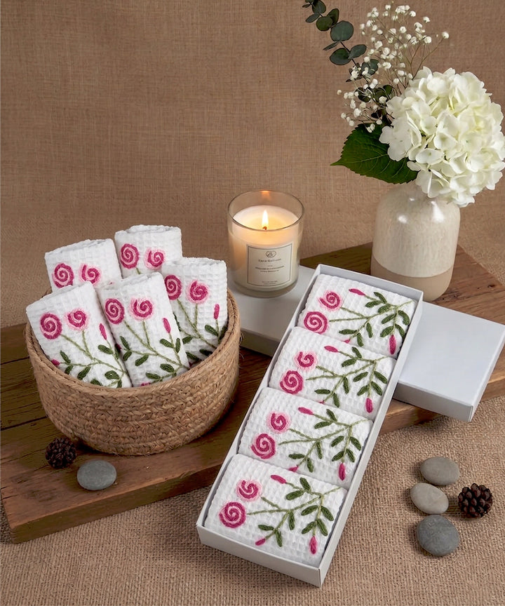 Embroidered Face Towel - Set of 4 pcs in Soft Cotton Waffle | White Tulip
