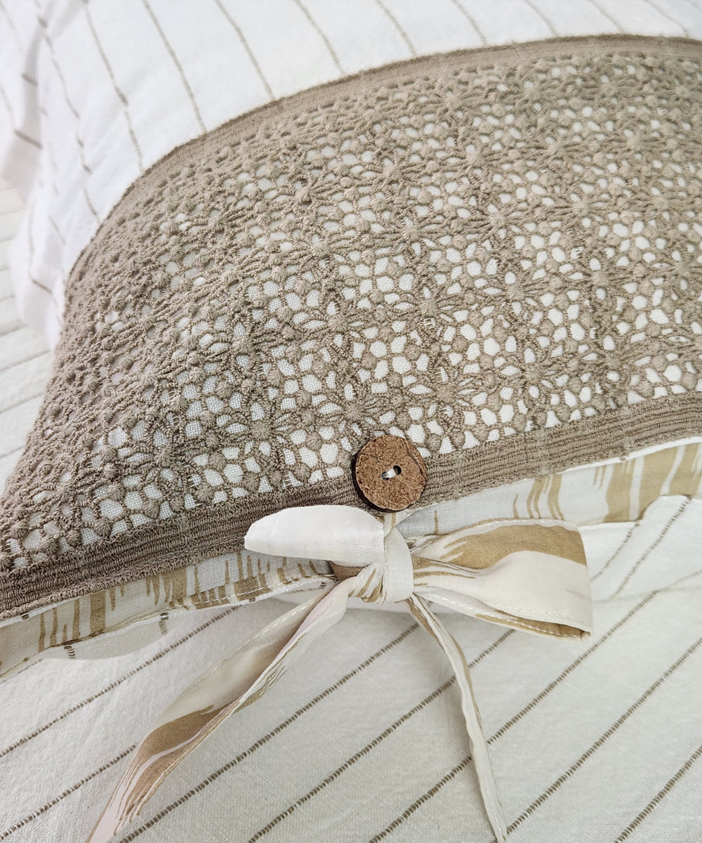 Cream & Beige Yarn Dyed Cotton Linen King Bedcover with lace pillow