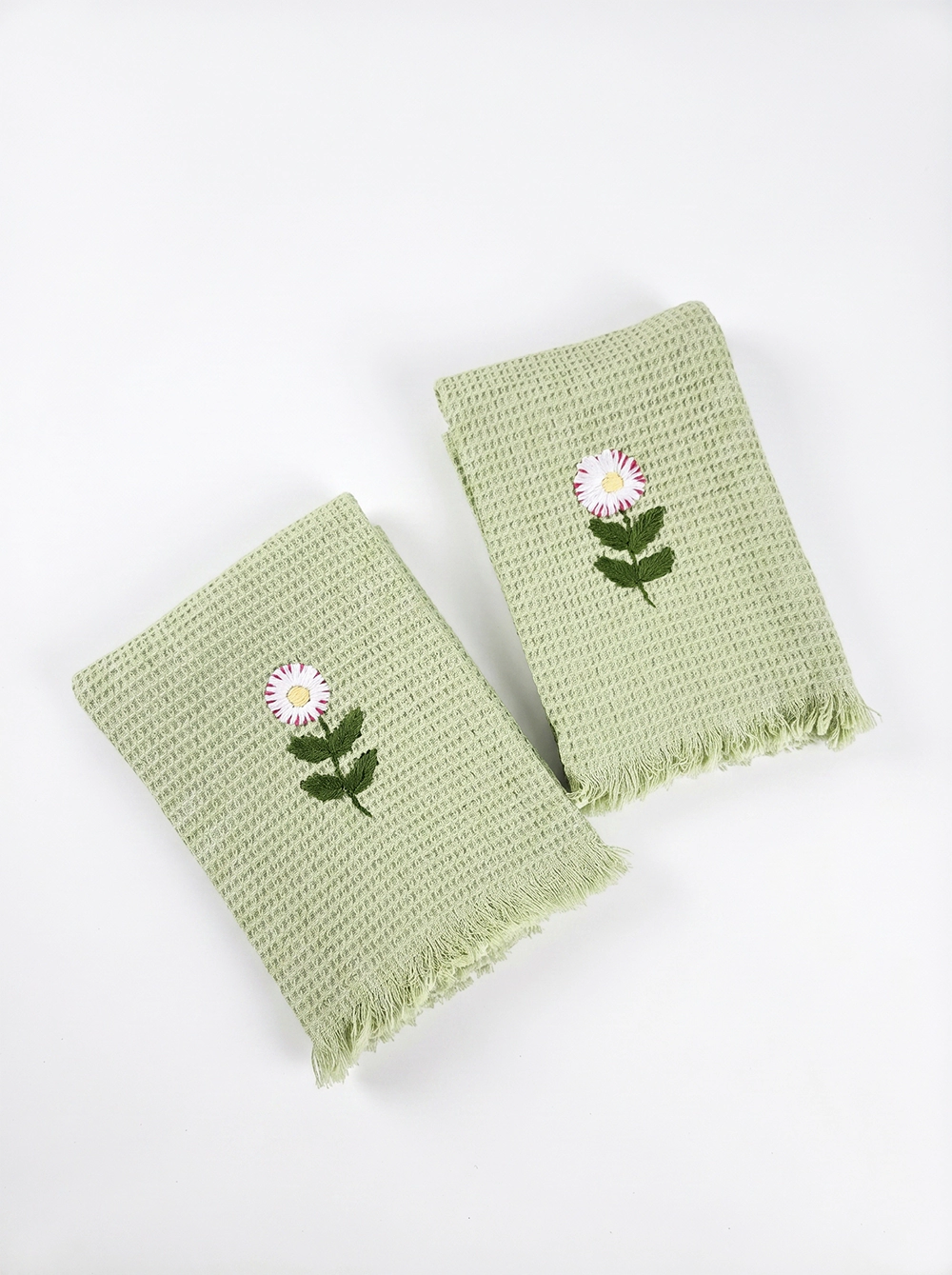 Embroidered Hand Towel - Set of 2 pcs in Soft Cotton Waffle | Green