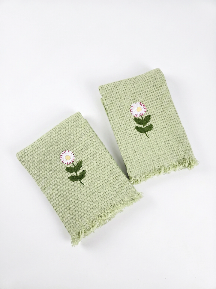 Embroidered Hand Towel - Set of 2 pcs in Soft Cotton Waffle | Green