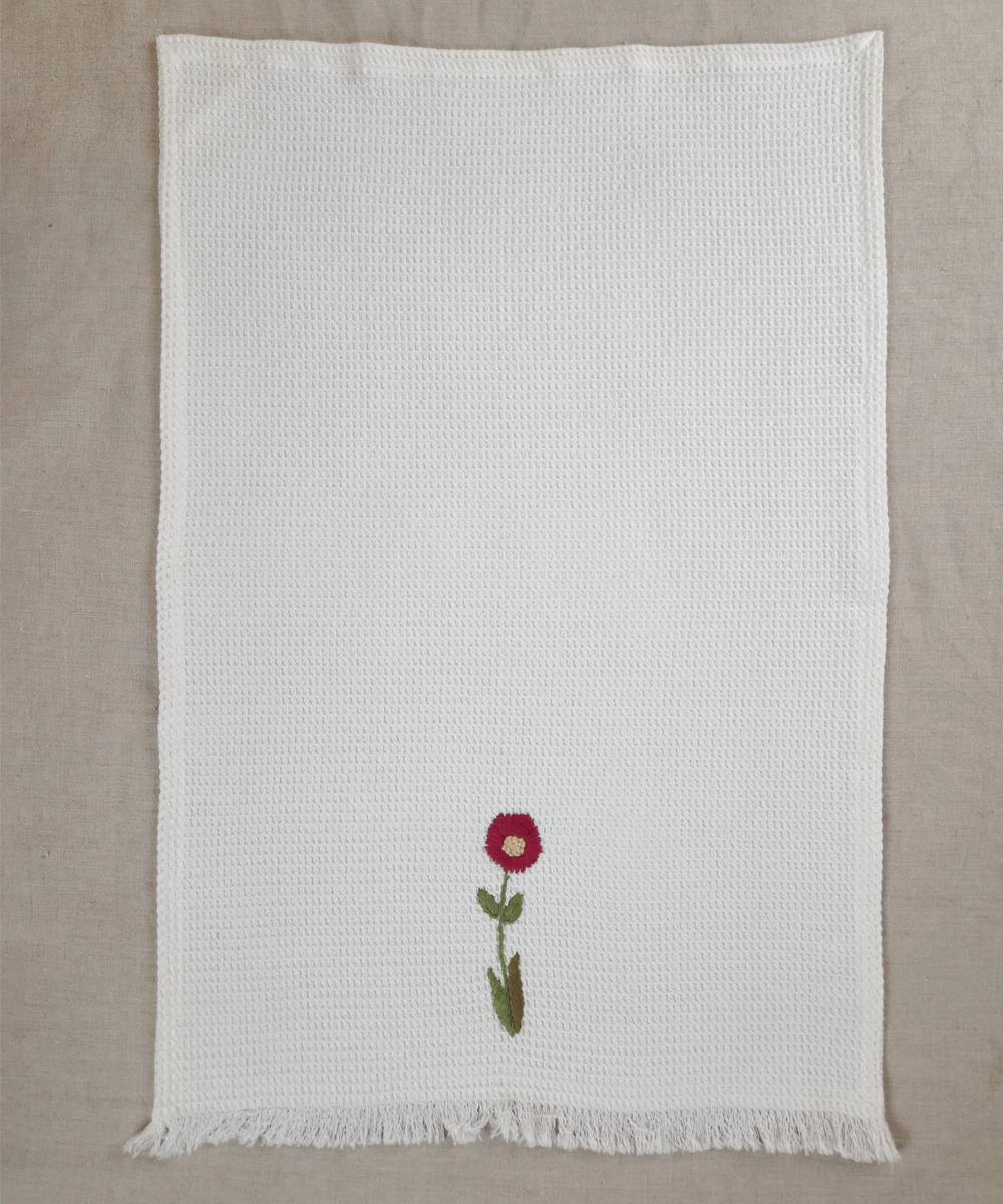 Embroidered Hand Towel - Set of 2 pcs in Soft Cotton Waffle | White