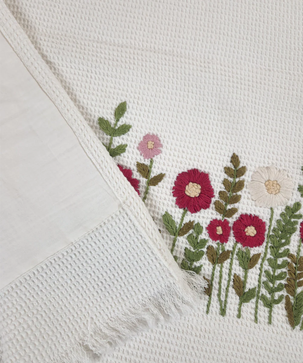 Embroidered 1 Pc Bath and 2 Pcs Hand Towel Set | Cotton Waffle Fabric | White