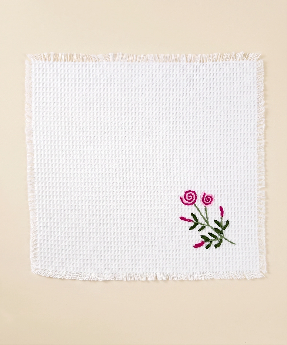 Embroidered Face Towel - Set of 4 pcs in Soft Cotton Waffle | White Tulip