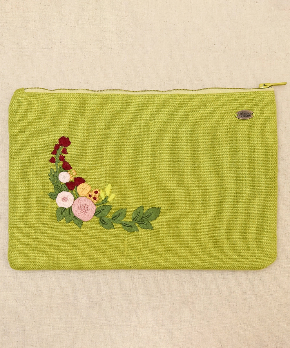 Bright Olive Green hand embroidered  Pure Linen Utility Pouch with Lining & Zip