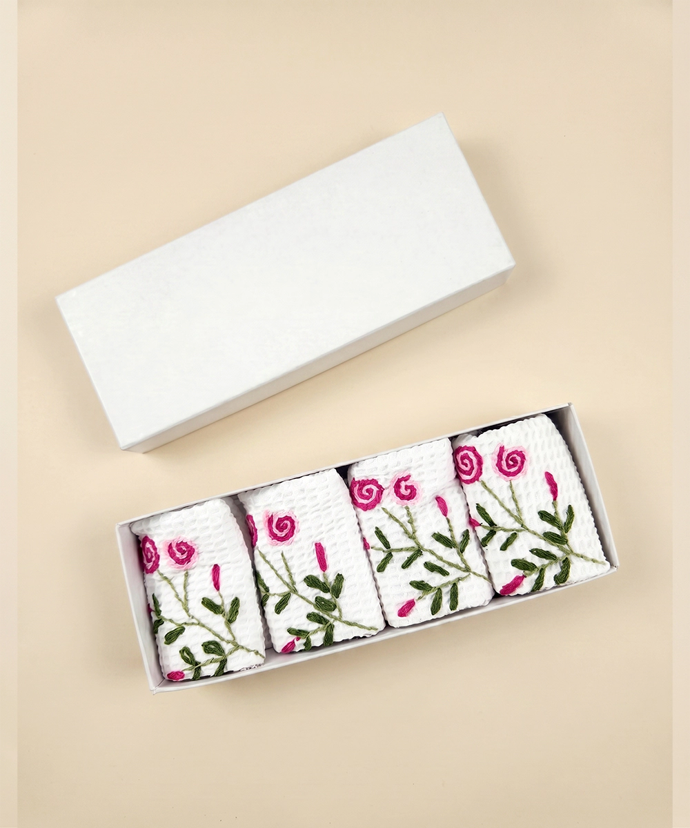 Embroidered Face Towel - Set of 4 pcs in Soft Cotton Waffle | White Tulip