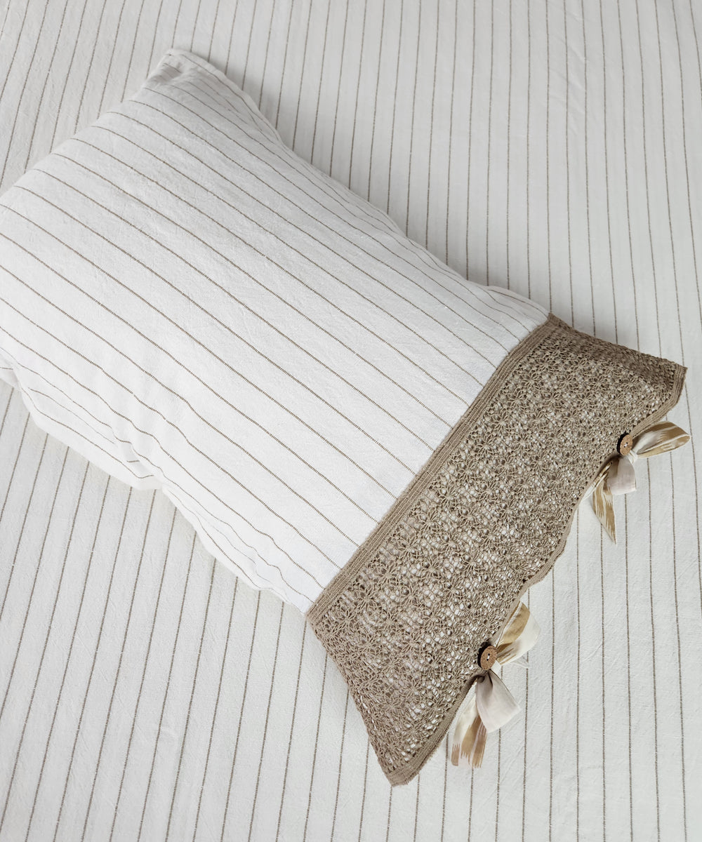 Cream & Beige Yarn Dyed Cotton Linen King Bedcover with lace pillow